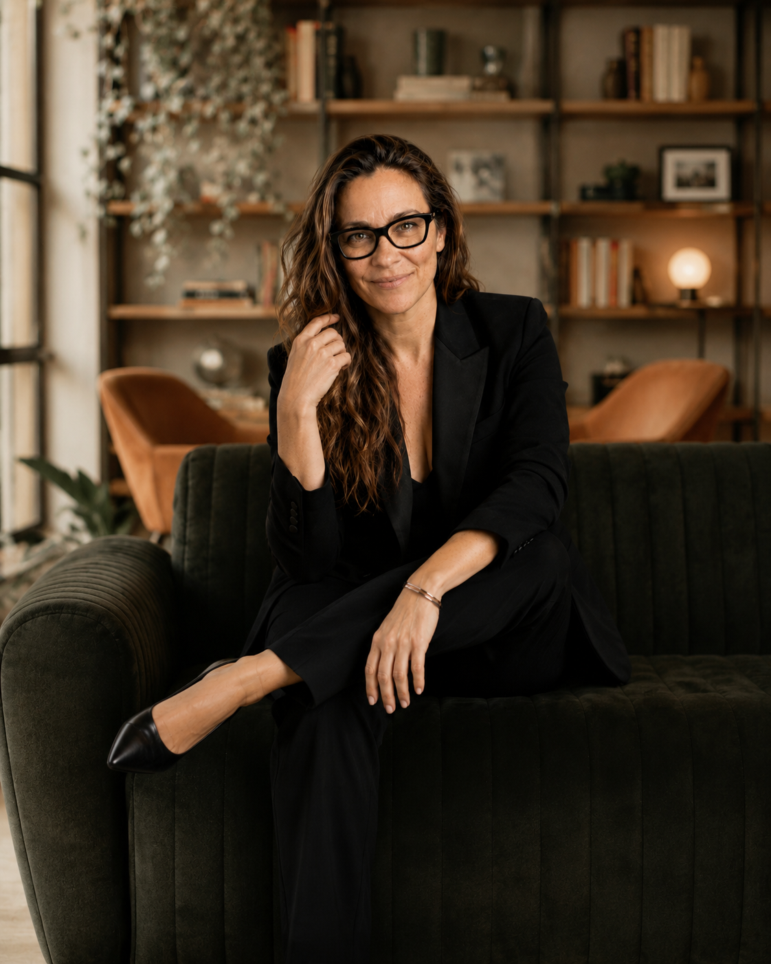 Erica Reis sentada em um sofá, em ambiente sofisticado e acolhedor